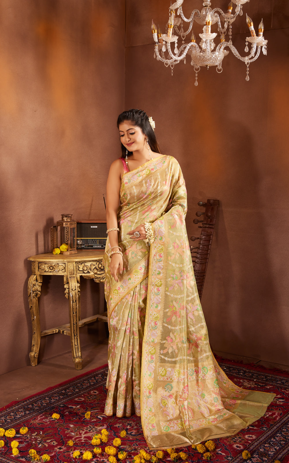 Lime Green & Yellow Real Zari Tissue Silk Banarasi Kora Saree With Jamdani Weaves