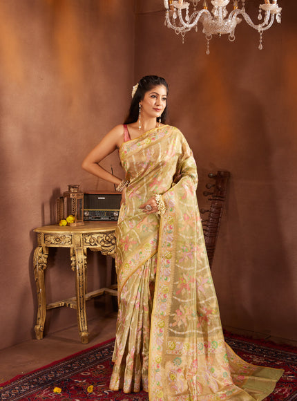 Lime Green & Yellow Real Zari Tissue Silk Banarasi Kora Saree With Jamdani Weaves