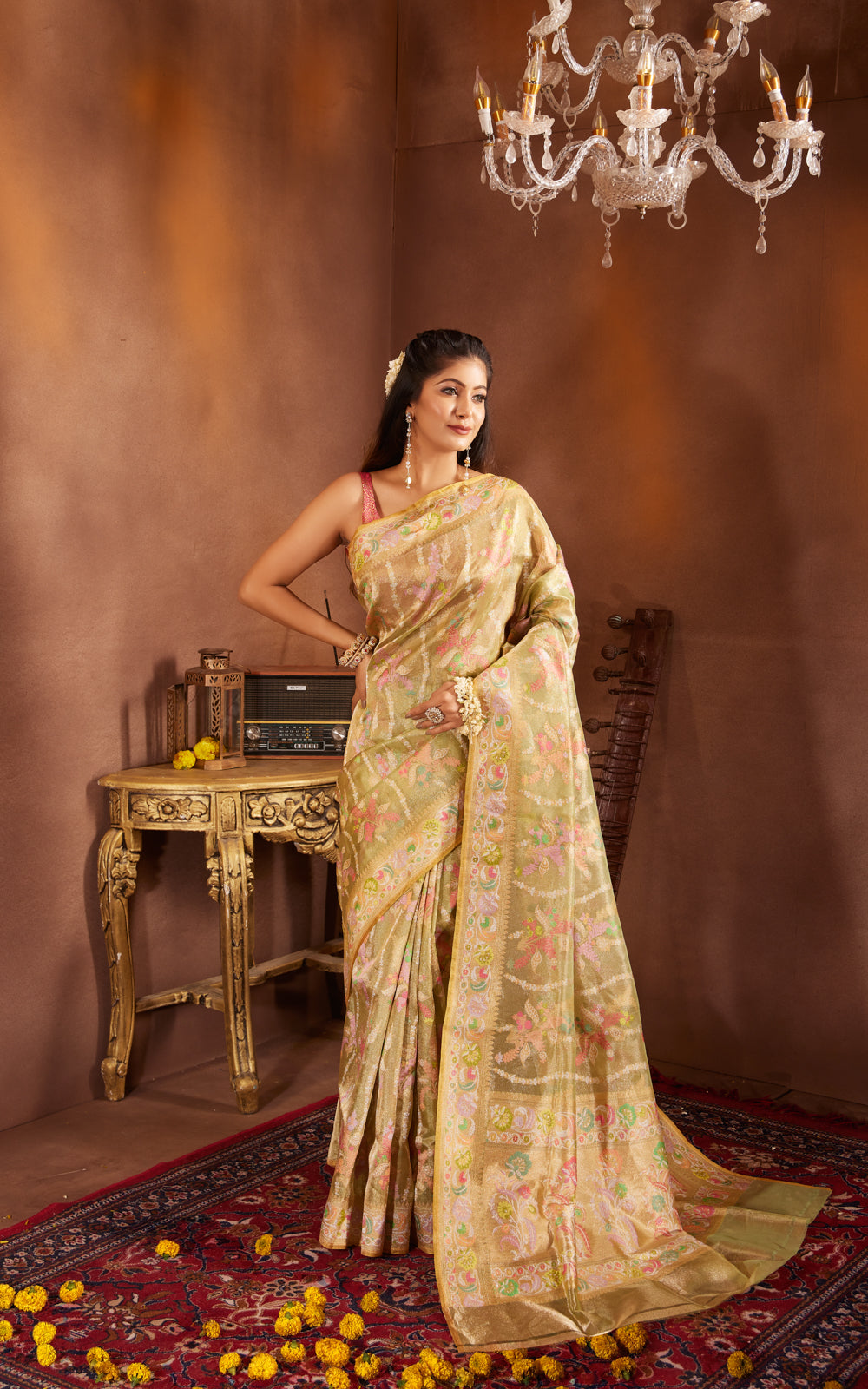Lime Green & Yellow Real Zari Tissue Silk Banarasi Kora Saree With Jamdani Weaves