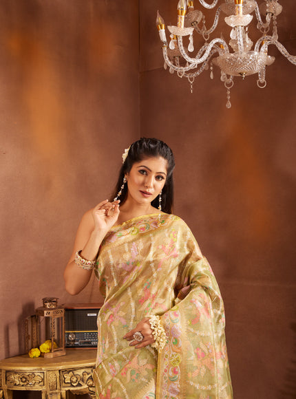 Lime Green & Yellow Real Zari Tissue Silk Banarasi Kora Saree With Jamdani Weaves