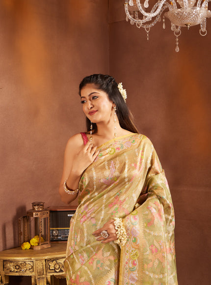 Lime Green & Yellow Real Zari Tissue Silk Banarasi Kora Saree With Jamdani Weaves