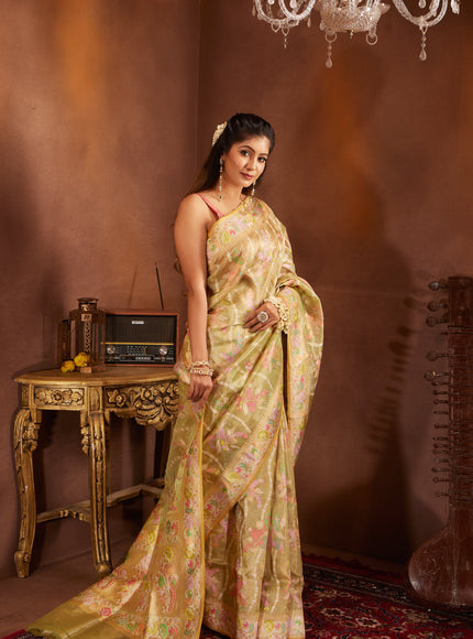 Lime Green & Yellow Real Zari Tissue Silk Banarasi Kora Saree With Jamdani Weaves