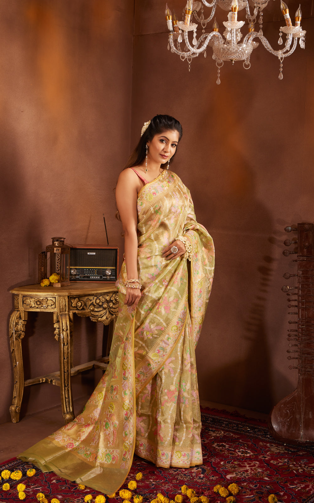 Lime Green & Yellow Real Zari Tissue Silk Banarasi Kora Saree With Jamdani Weaves