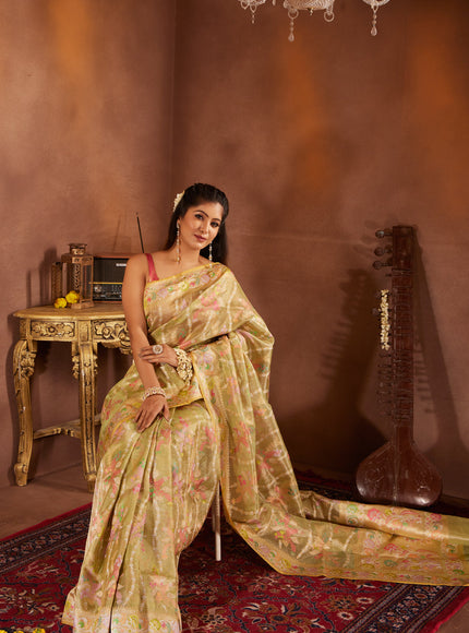 Lime Green & Yellow Real Zari Tissue Silk Banarasi Kora Saree With Jamdani Weaves