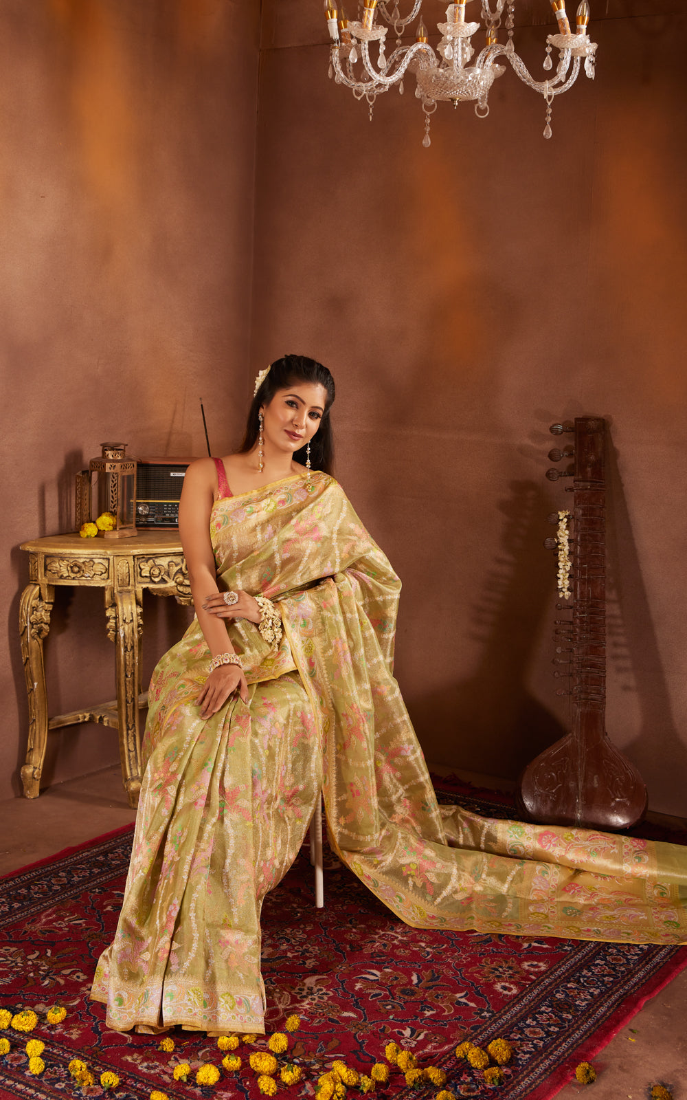 Lime Green & Yellow Real Zari Tissue Silk Banarasi Kora Saree With Jamdani Weaves