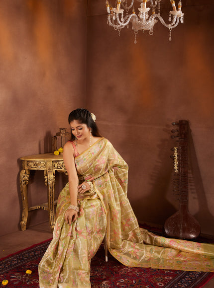 Lime Green & Yellow Real Zari Tissue Silk Banarasi Kora Saree With Jamdani Weaves