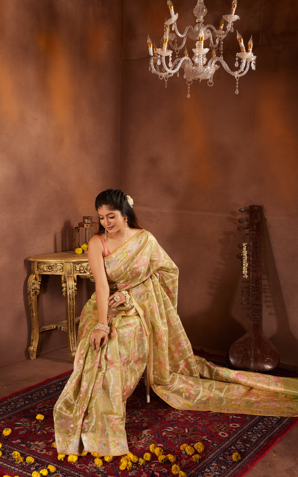 Lime Green & Yellow Real Zari Tissue Silk Banarasi Kora Saree With Jamdani Weaves