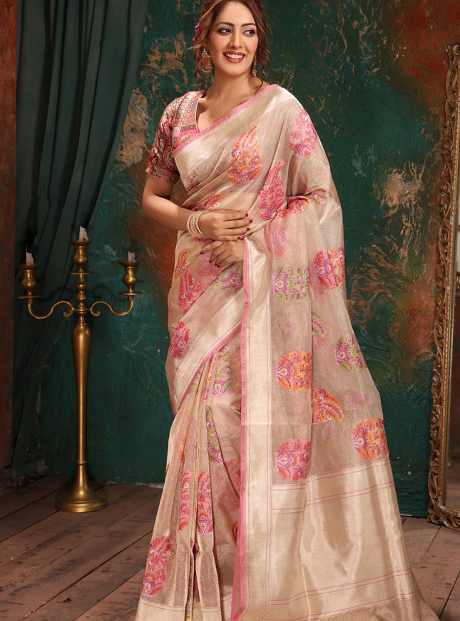 Silver & Pink Banarasi Tissue Kora Saree With Jamdani Weaves