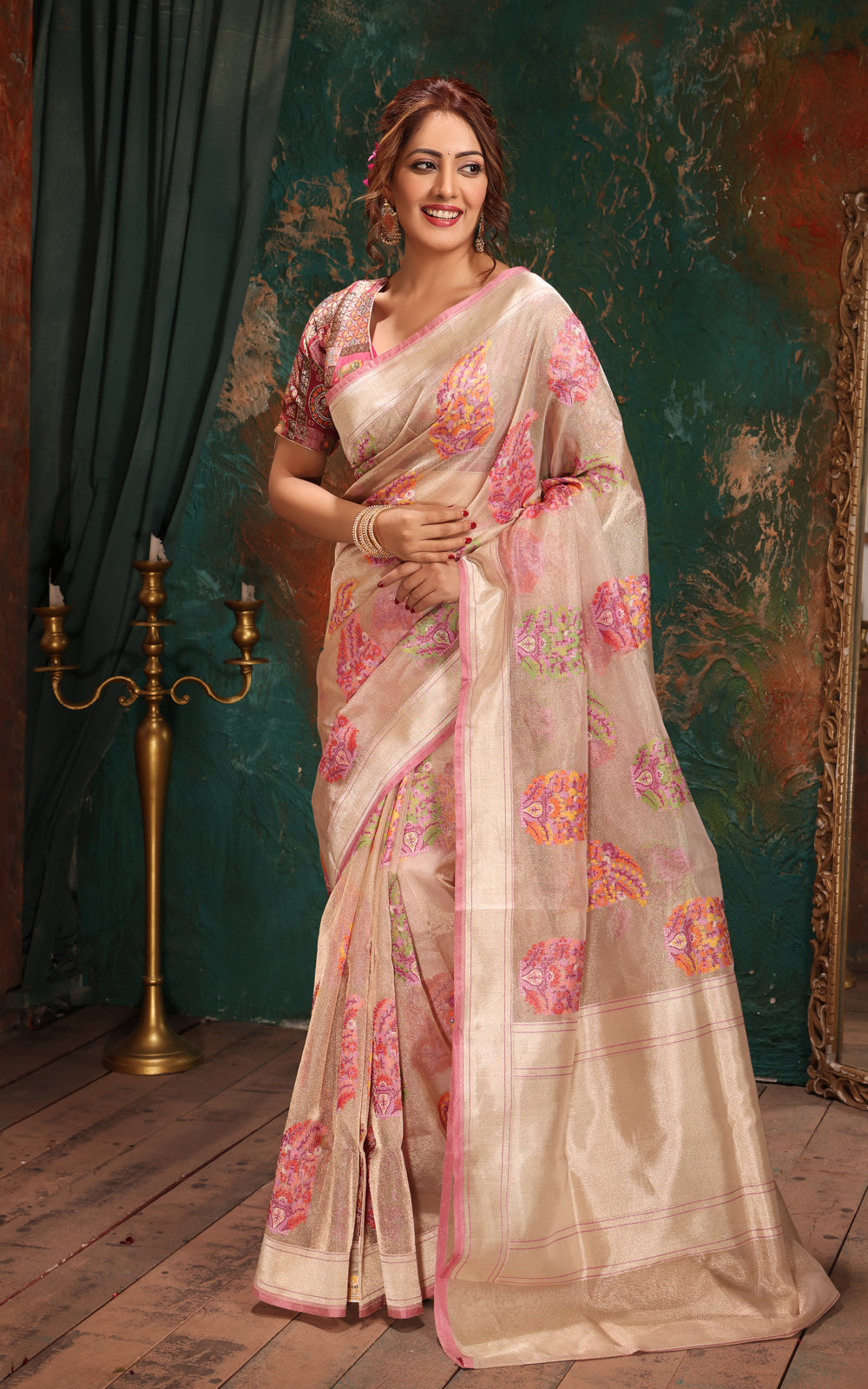 Silver & Pink Banarasi Tissue Kora Saree With Jamdani Weaves