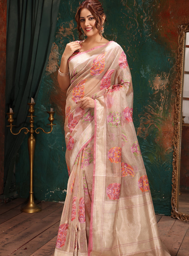Silver & Pink Banarasi Tissue Kora Saree With Jamdani Weaves