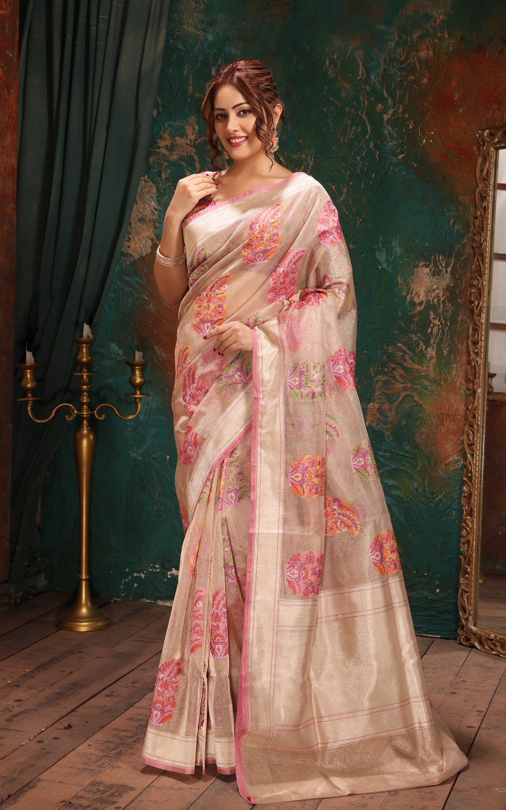 Silver & Pink Banarasi Tissue Kora Saree With Jamdani Weaves