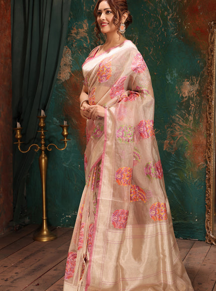 Silver & Pink Banarasi Tissue Kora Saree With Jamdani Weaves