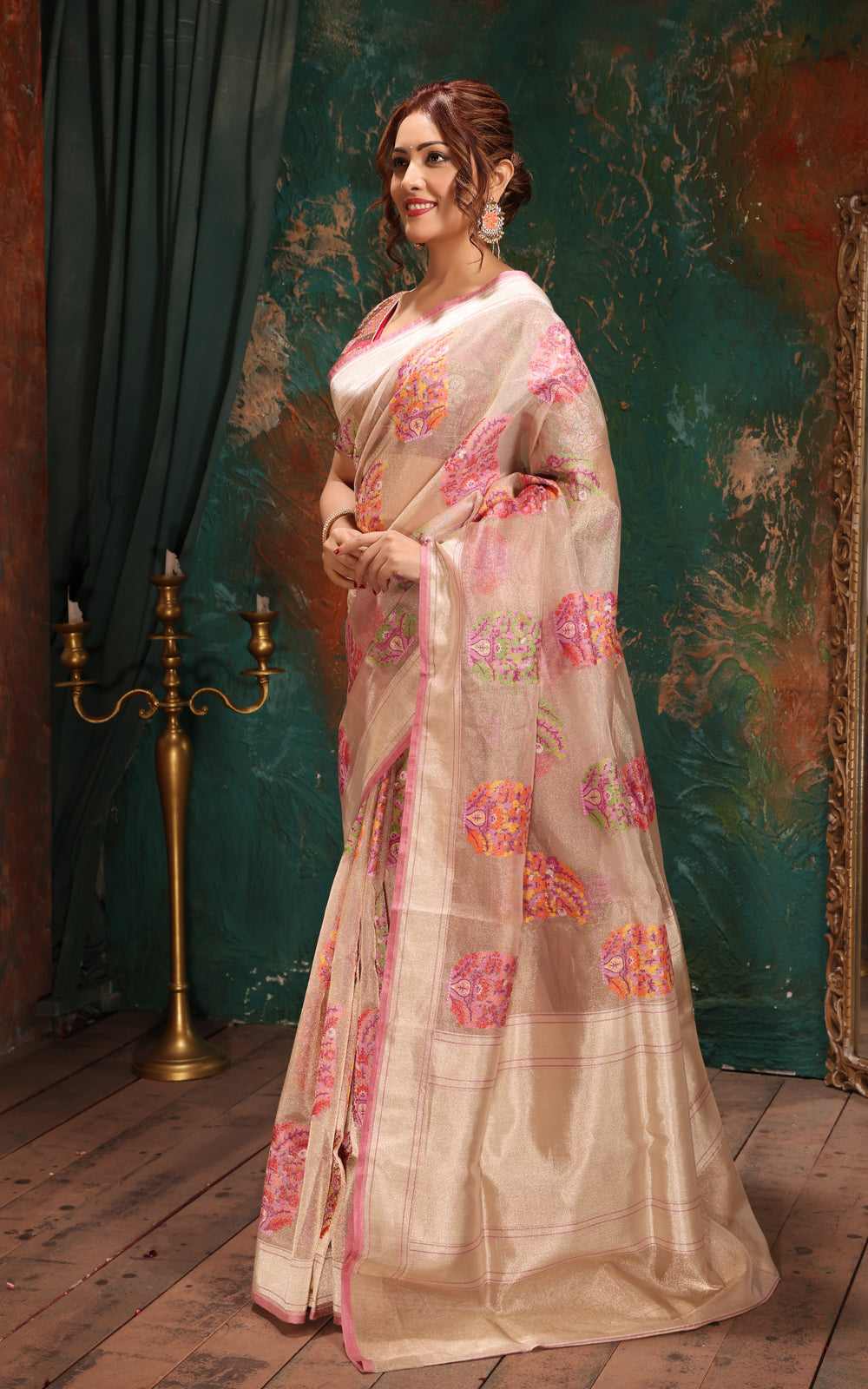 Silver & Pink Banarasi Tissue Kora Saree With Jamdani Weaves