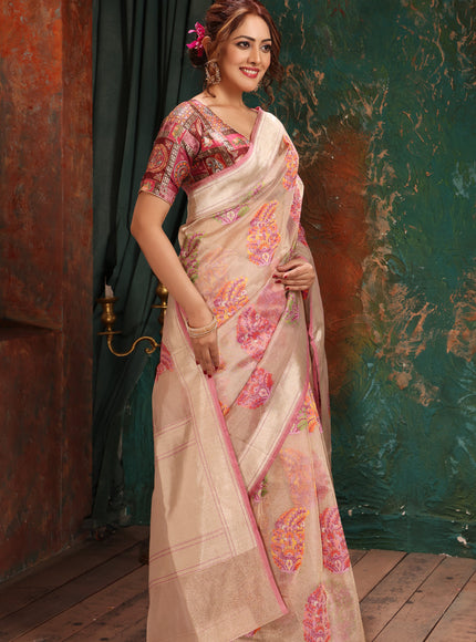 Silver & Pink Banarasi Tissue Kora Saree With Jamdani Weaves