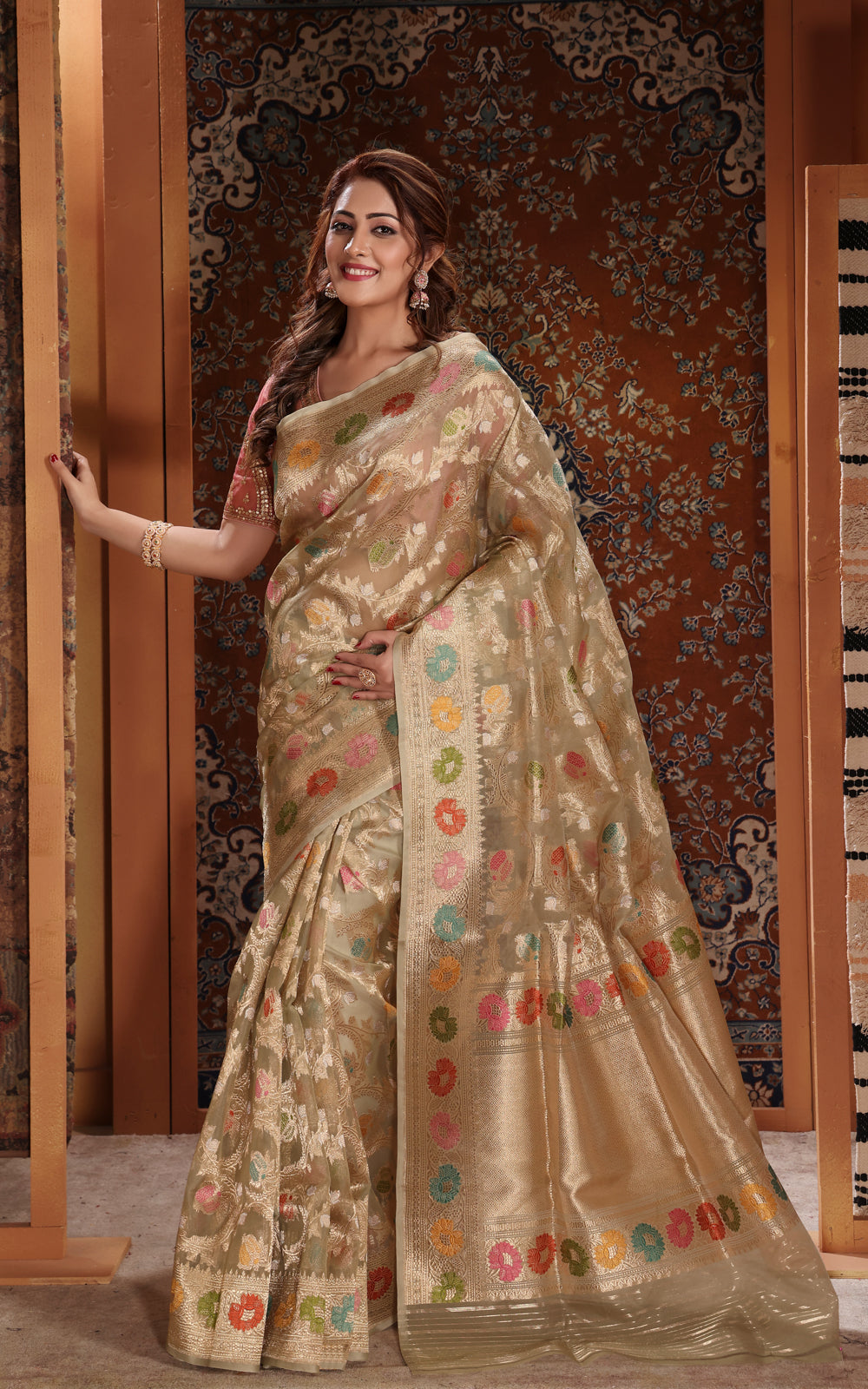 Pastel Green Banarasi Kora Saree With Kadhua Weaves