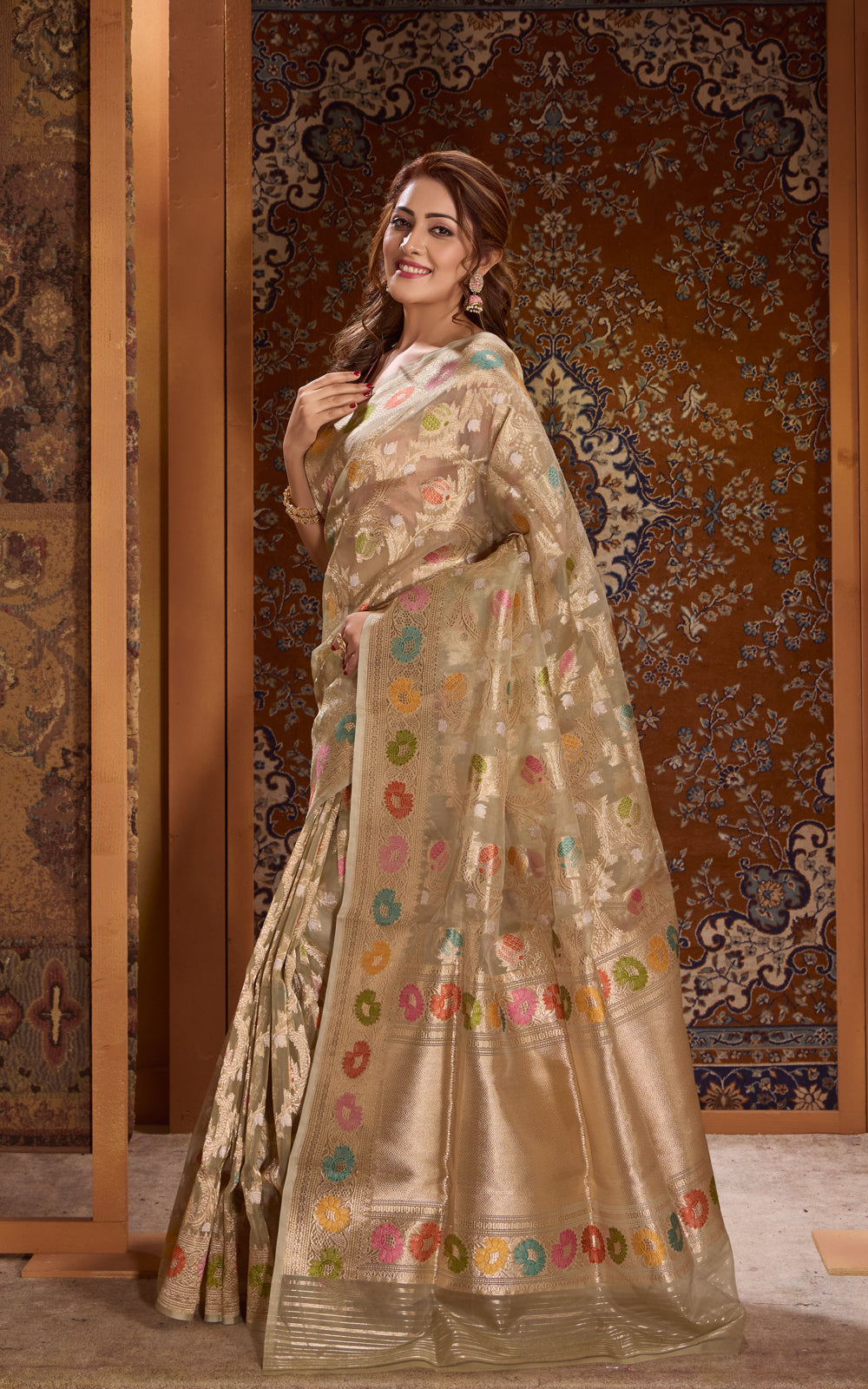 Pastel Green Banarasi Kora Saree With Kadhua Weaves