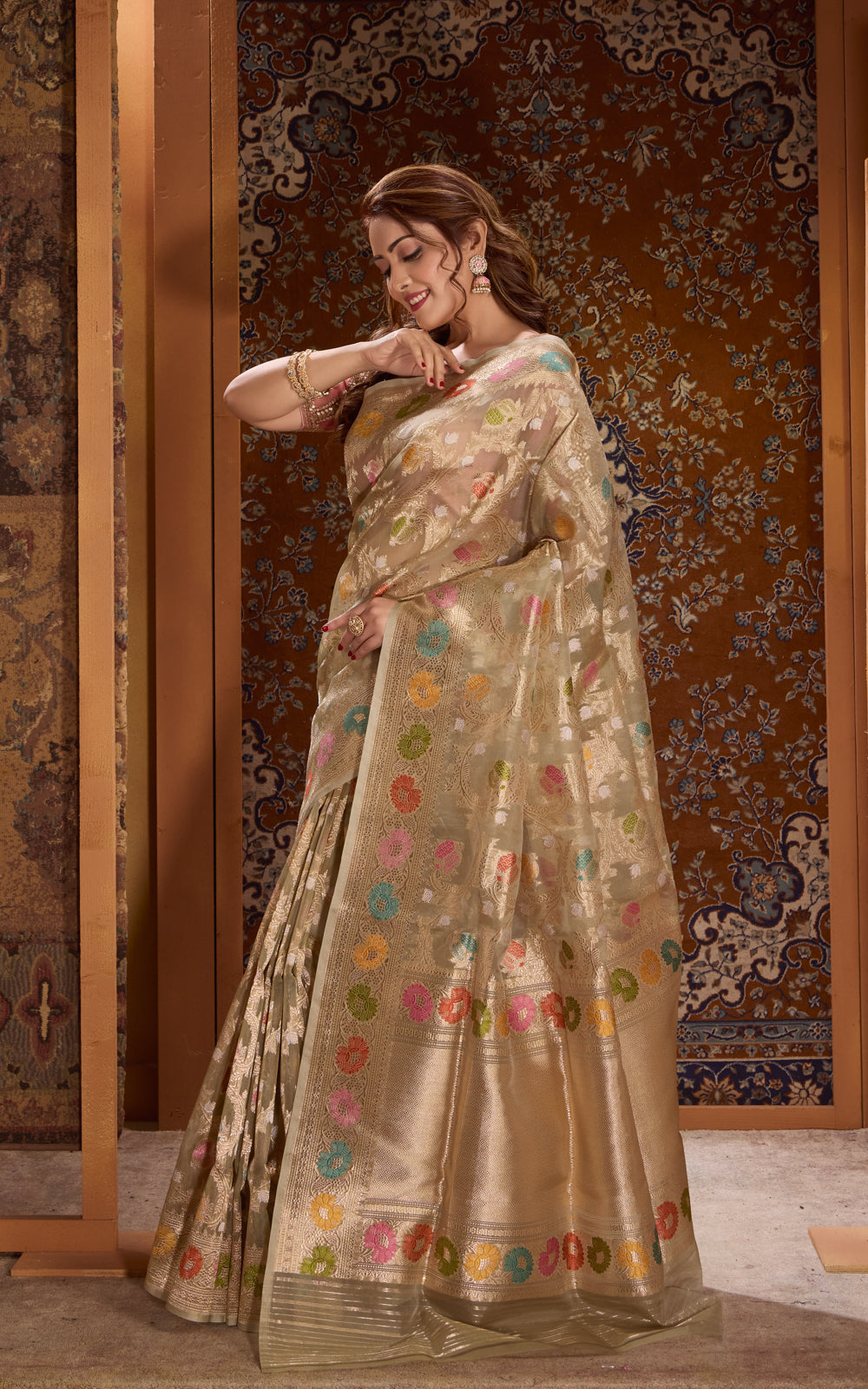 Pastel Green Banarasi Kora Saree With Kadhua Weaves