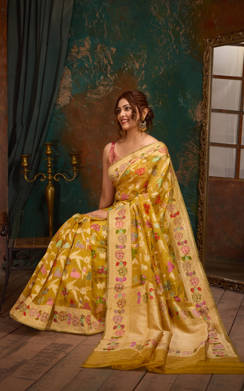 Yellow Banarasi Kora Saree With Kadhua Weaves