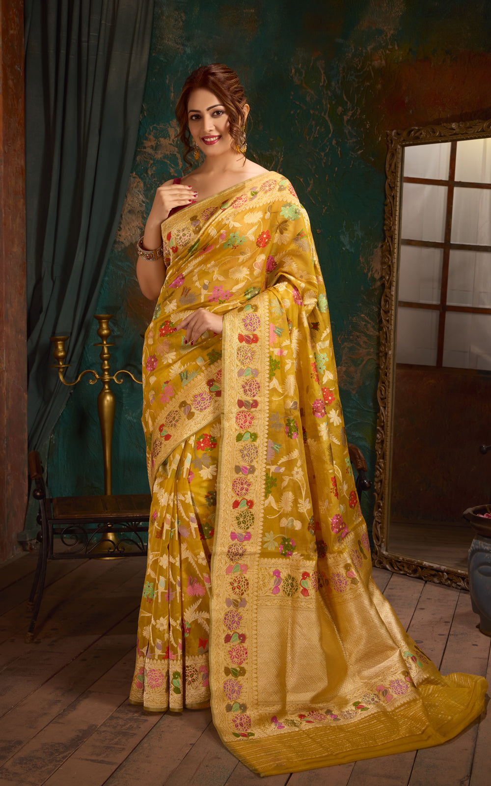 Yellow Banarasi Kora Saree With Kadhua Weaves