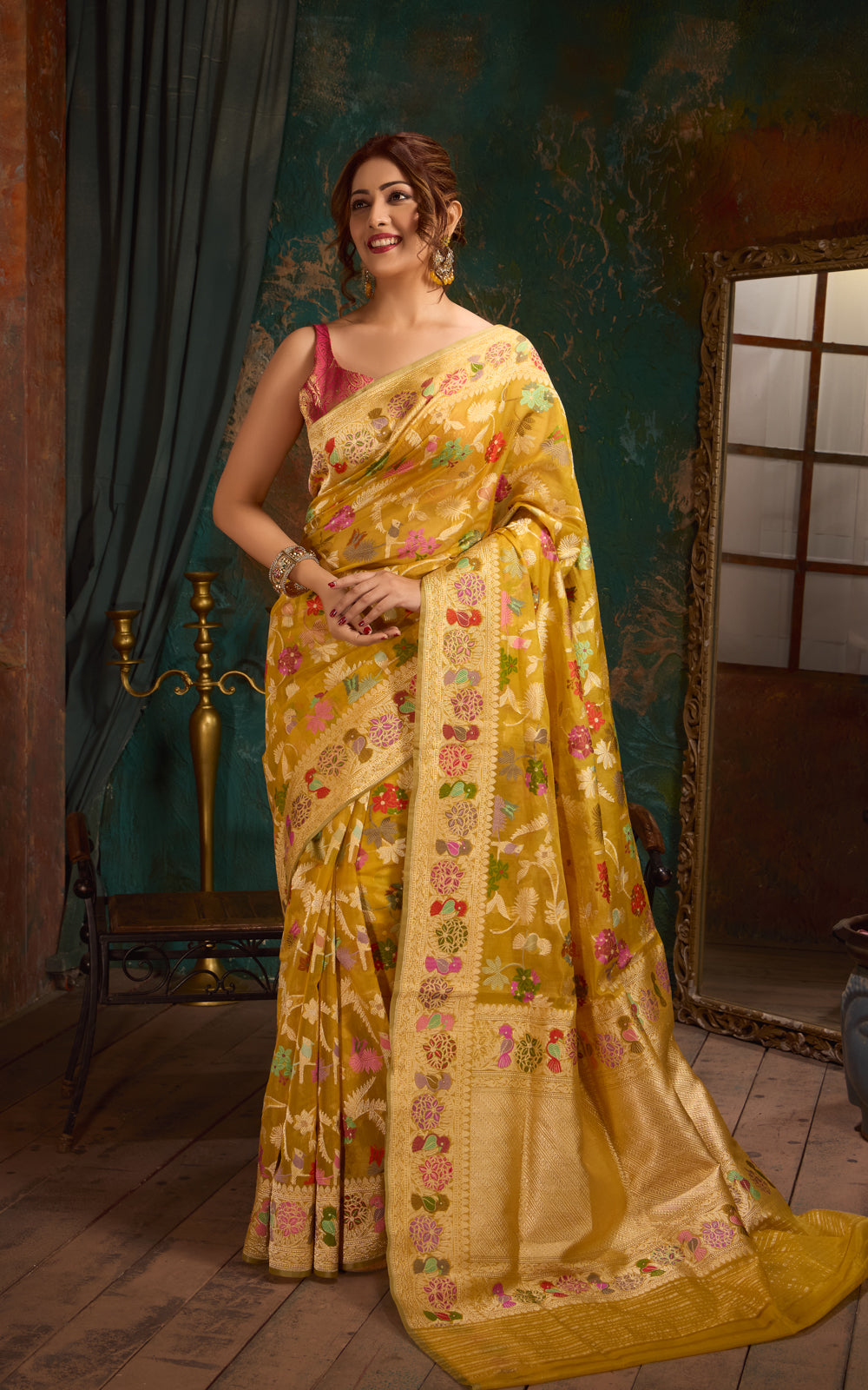 Yellow Banarasi Kora Saree With Kadhua Weaves