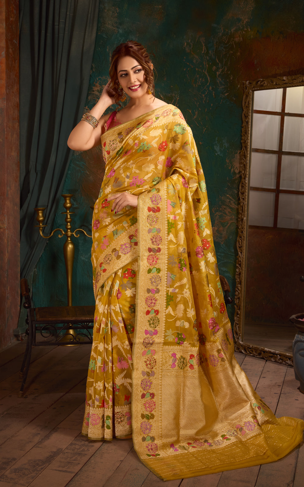 Yellow Banarasi Kora Saree With Kadhua Weaves