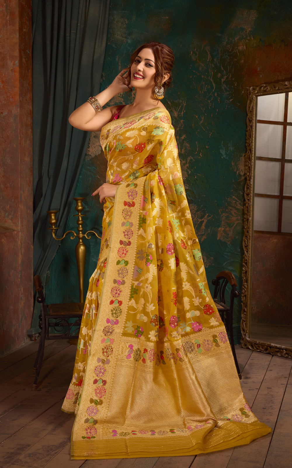 Yellow Banarasi Kora Saree With Kadhua Weaves