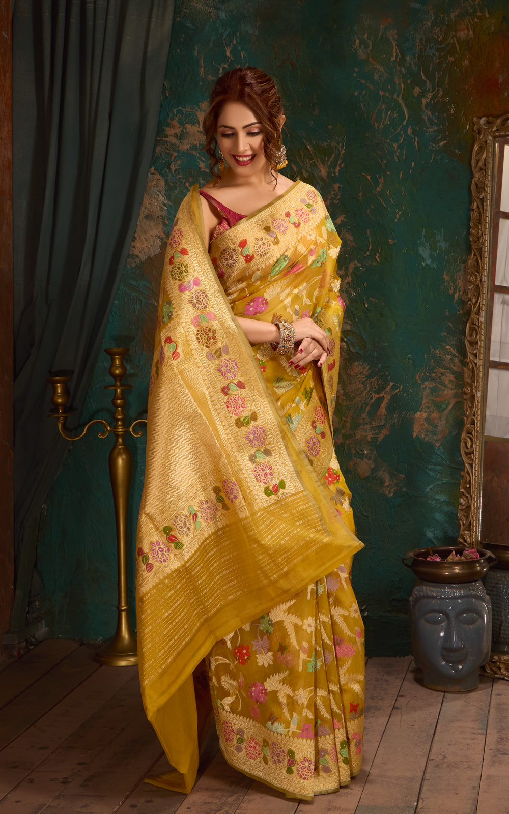 Yellow Banarasi Kora Saree With Kadhua Weaves