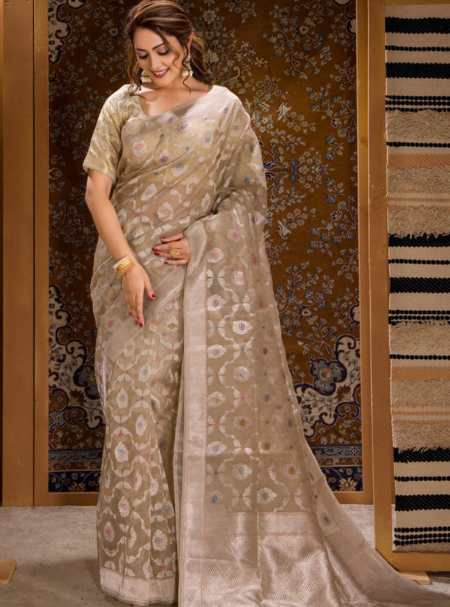 Beige Banarasi Kora Saree With Silver Zari Weaves