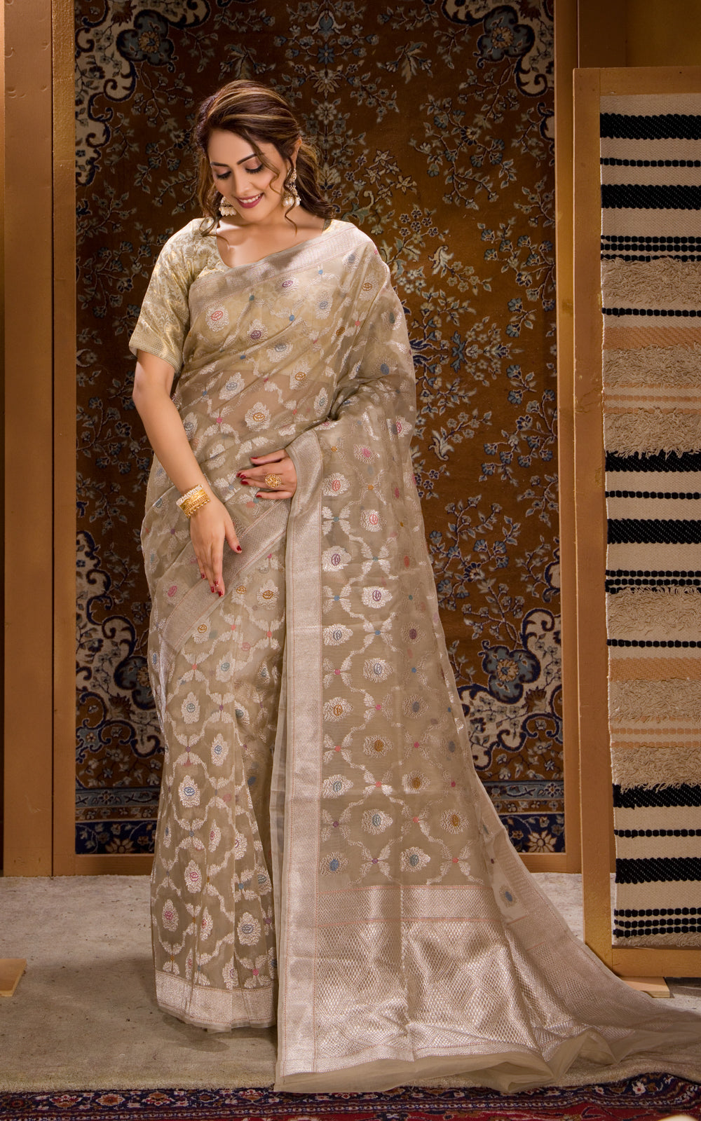 Beige Banarasi Kora Saree With Silver Zari Weaves