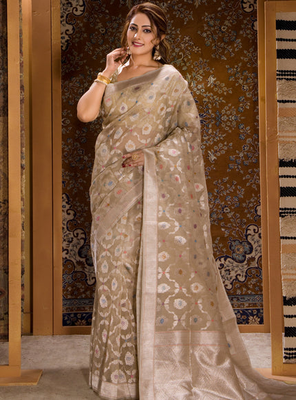 Beige Banarasi Kora Saree With Silver Zari Weaves
