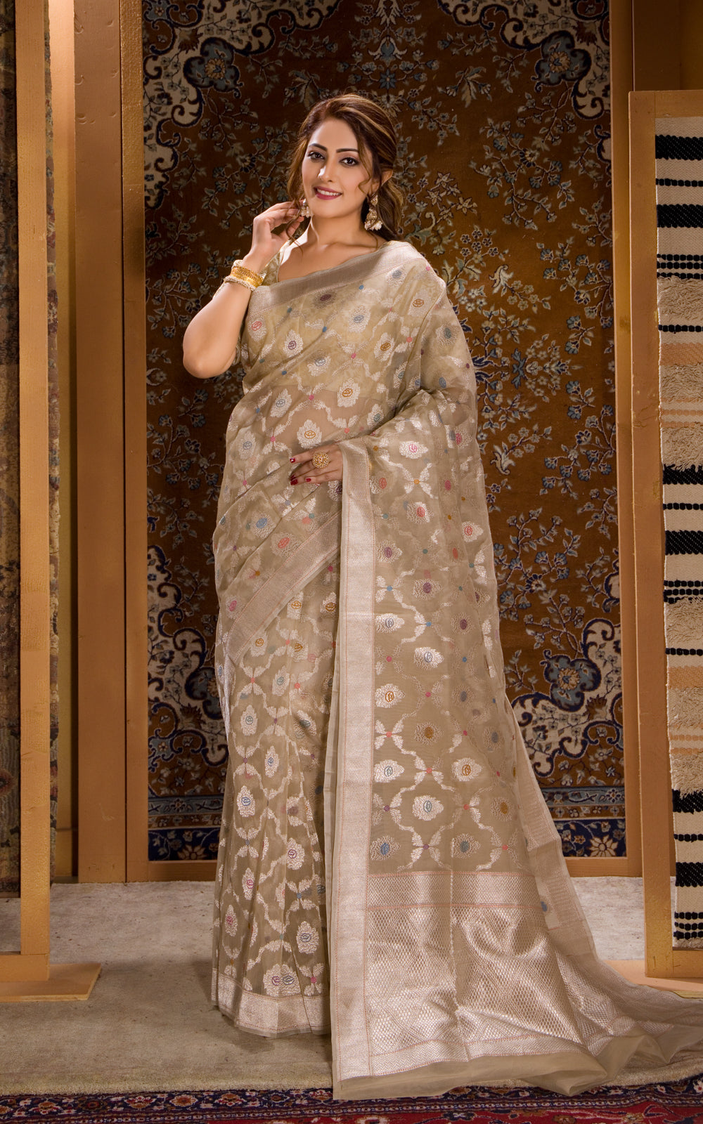 Beige Banarasi Kora Saree With Silver Zari Weaves