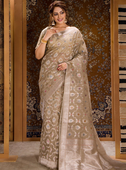 Beige Banarasi Kora Saree With Silver Zari Weaves