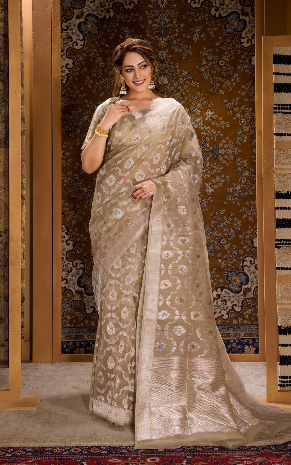 Beige Banarasi Kora Saree With Silver Zari Weaves