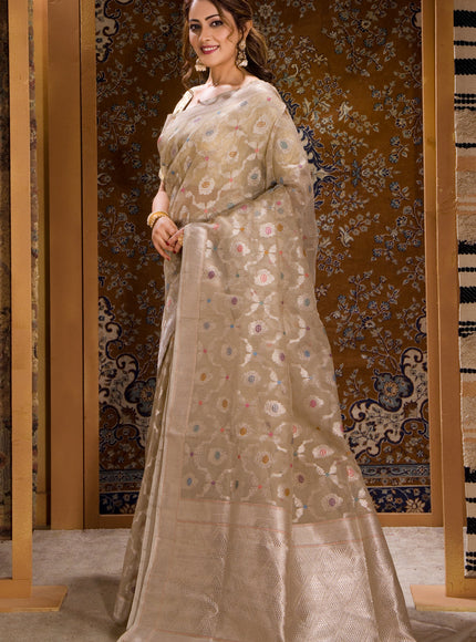 Beige Banarasi Kora Saree With Silver Zari Weaves