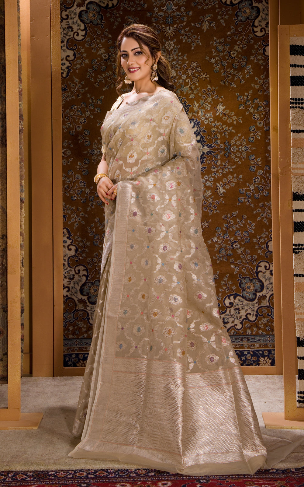 Beige Banarasi Kora Saree With Silver Zari Weaves