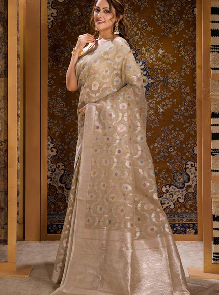 Beige Banarasi Kora Saree With Silver Zari Weaves