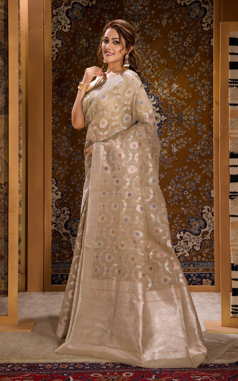 Beige Banarasi Kora Saree With Silver Zari Weaves