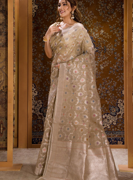 Beige Banarasi Kora Saree With Silver Zari Weaves