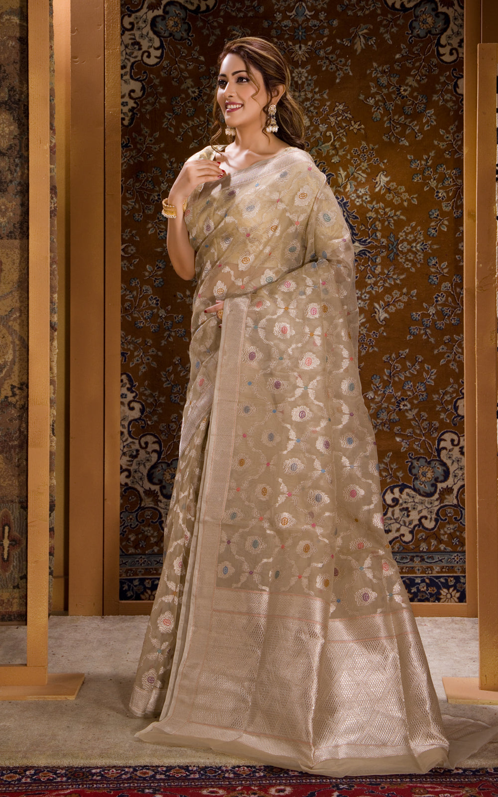 Beige Banarasi Kora Saree With Silver Zari Weaves