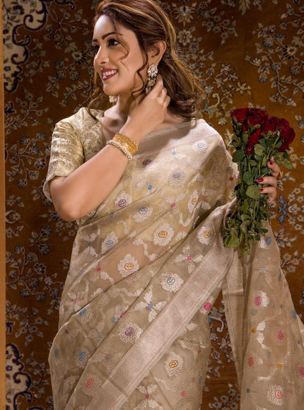 Beige Banarasi Kora Saree With Silver Zari Weaves