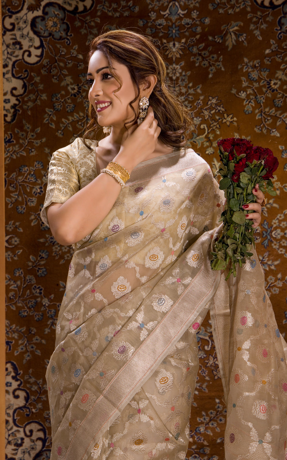 Beige Banarasi Kora Saree With Silver Zari Weaves