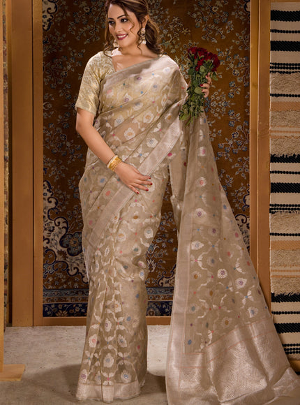 Beige Banarasi Kora Saree With Silver Zari Weaves