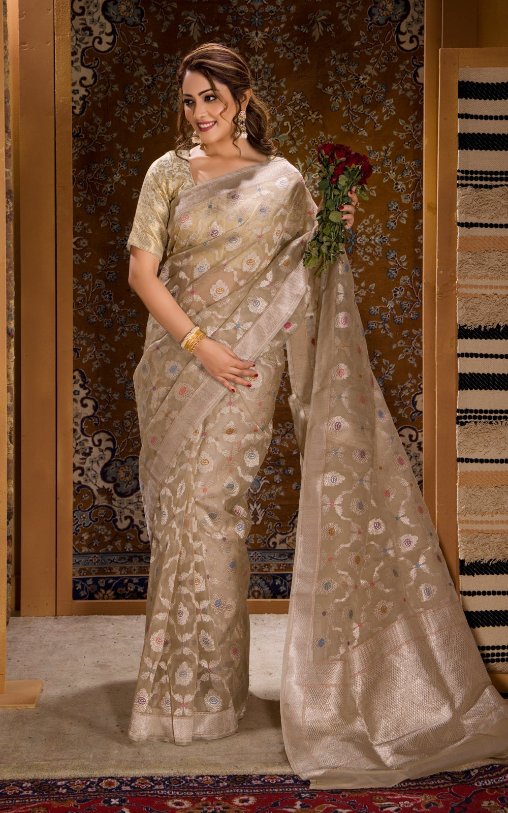 Beige Banarasi Kora Saree With Silver Zari Weaves