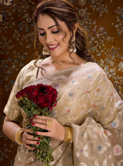 Beige Banarasi Kora Saree With Silver Zari Weaves