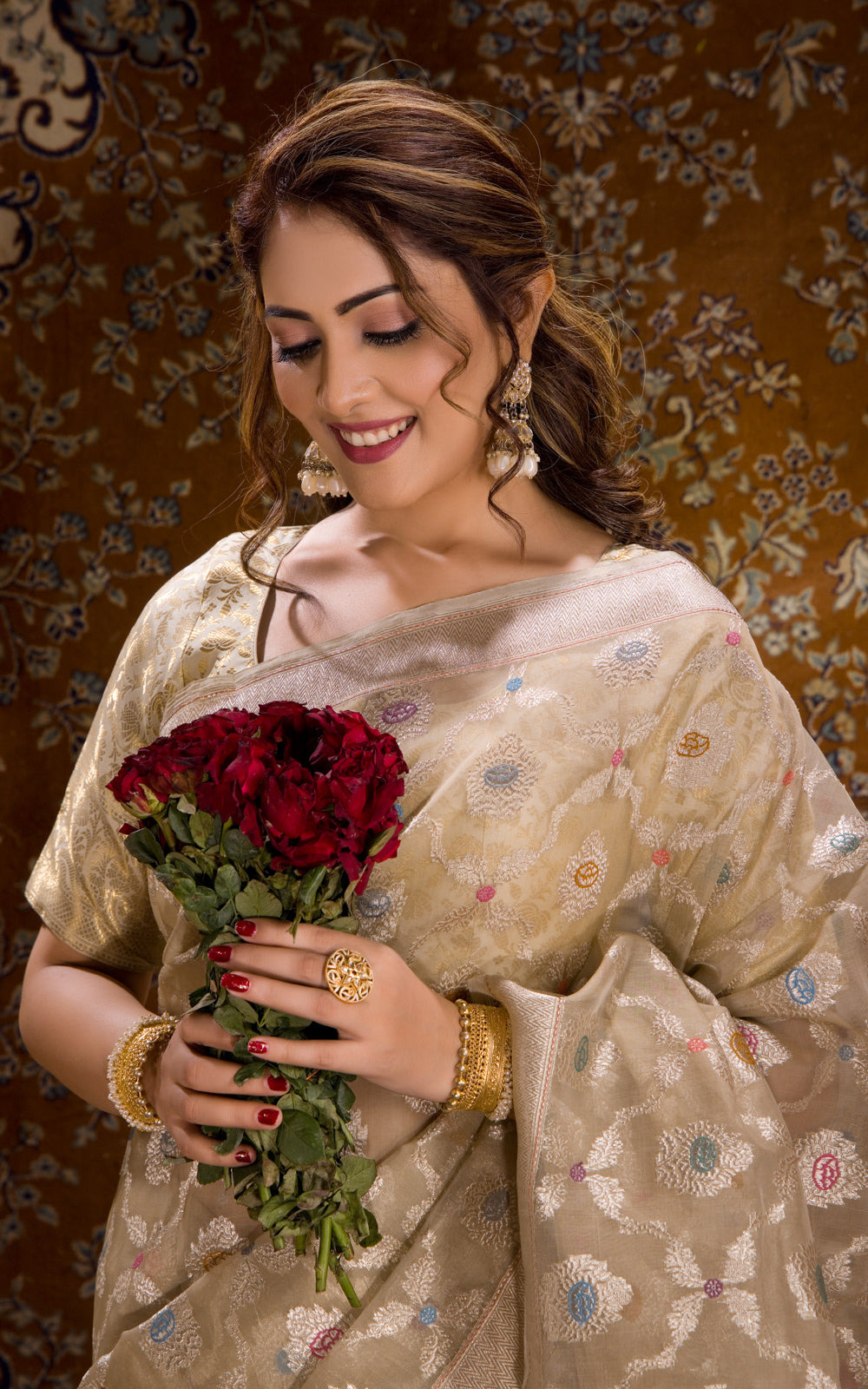 Beige Banarasi Kora Saree With Silver Zari Weaves