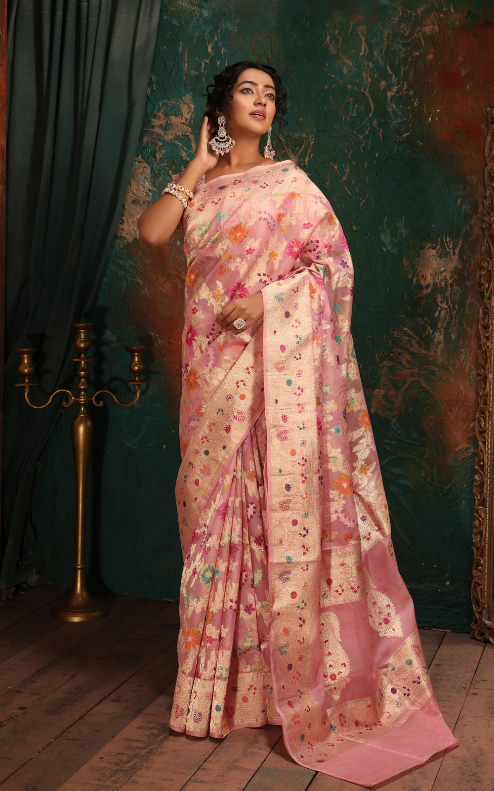 Peach Pink Banarasi Kora Saree With Jamdani Weaves