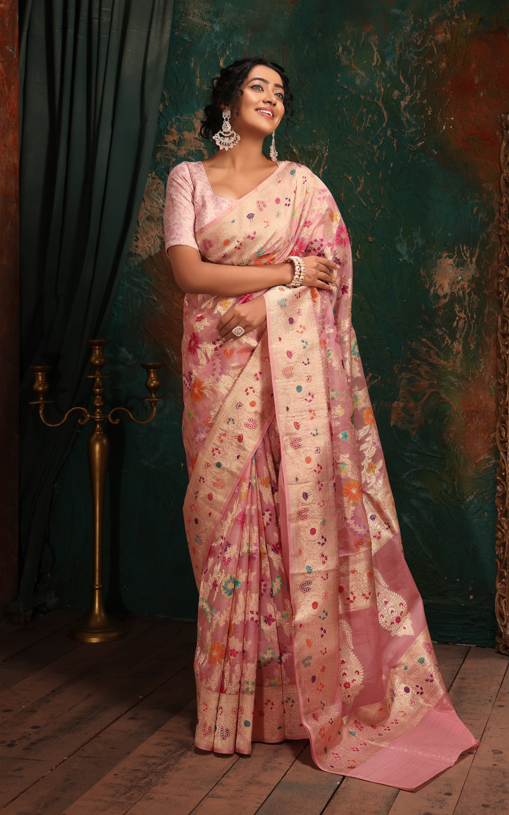 Peach Pink Banarasi Kora Saree With Jamdani Weaves