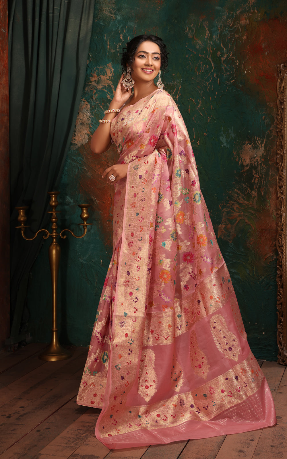 Peach Pink Banarasi Kora Saree With Jamdani Weaves