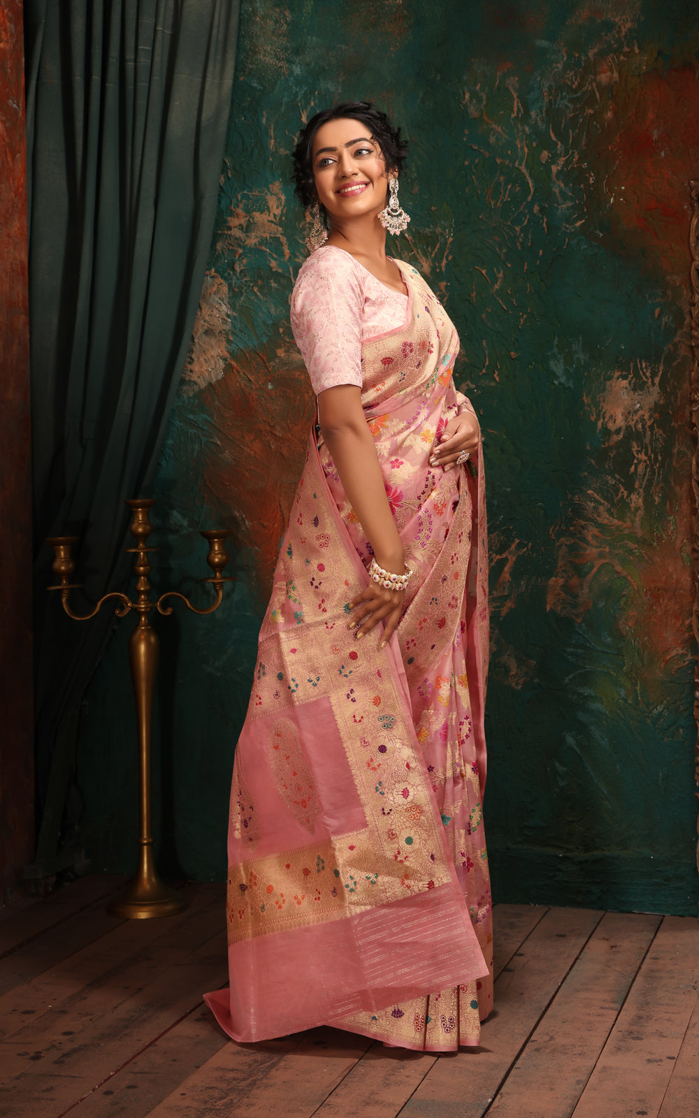 Peach Pink Banarasi Kora Saree With Jamdani Weaves
