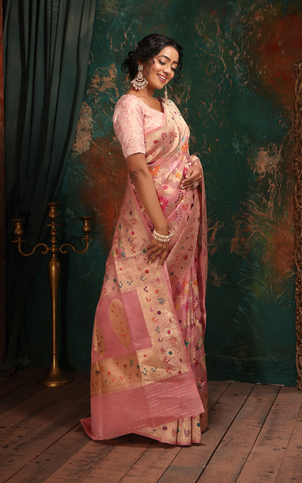 Peach Pink Banarasi Kora Saree With Jamdani Weaves